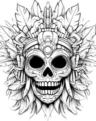 Fototapeta premium A skull with a feather headdress and a smiling mouth. The skull is surrounded by a feathery design
