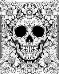 A skull with flowers and leaves surrounding it. The skull is black and white and has a flower design on it. The flowers are in various sizes and are scattered around the skull. Scene is dark and eerie