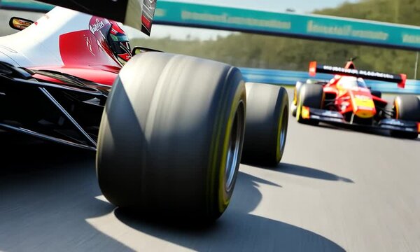Dynamic close-up of a racing car tire on a track, showcasing speed.