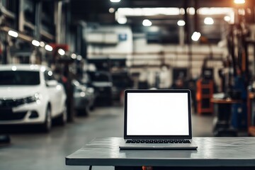 Obraz premium Laptop in Auto Repair Shop: Modern Technology Meets Automotive Maintenance