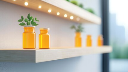 A row of amber glass supplement bottles with minimalist labels, showcasing a clean and modern branding approach to vitamins and supplements.
