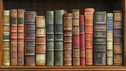 Close-up of organized books on a library shelf, rich in detail,