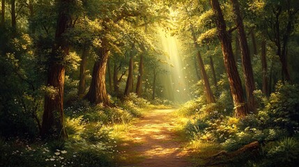 Obraz premium A tranquil forest scene captures a sun-dappled pathway winding through lush greenery. Tall trees with thick trunks and a dense canopy create a sense of enclosure, while beams of golden sunlight pierce