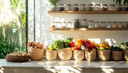 Fototapeta premium Sunlit Kitchen Counter with Fresh Produce in Woven Baskets, Healthy Eating and Organic Food Concept