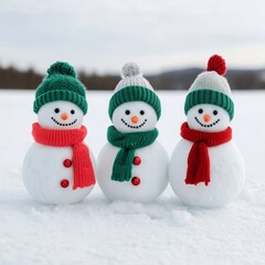 Three cheerful snowmen in winter hats and scarves standing in snowy landscape.