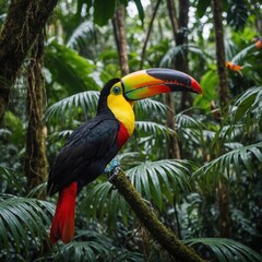 Fototapeta premium A colorful toucan perched in a dense tropical rainforest.