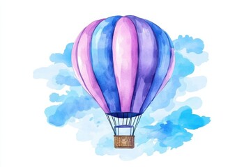 Obraz premium Colorful watercolor clipart hot air balloon in blue sky travel illustration aerial view adventure
