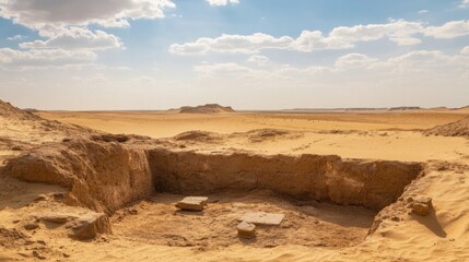 An archaeological dig site uncovering ancient artifacts amidst desert sands, Historical discovery style, photo of