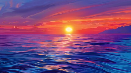 Obraz premium An illustration of a sunset over the ocean with colorful clouds and a reflection on the water.