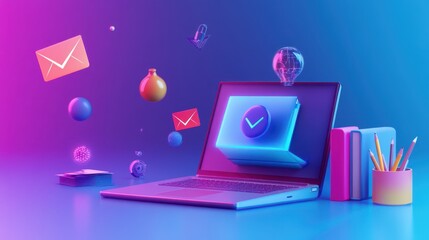 Creative image of an open laptop with holographic