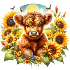 Highland Calf in a Sunflower Field: A charming, digitally painted illustration of a Highland calf nestled amidst a vibrant sunflower field, bathed in the golden glow of the setting sun.