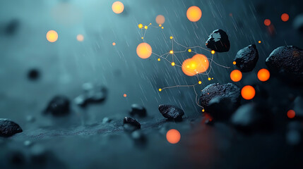 Abstract exploration of energy and matter interactions digital artwork dark environment high-contrast view conceptual imagery for science and technology enthusiasts