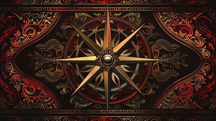 A stylized illustration of a compass with a gold star shape over a dark background with intricate designs.