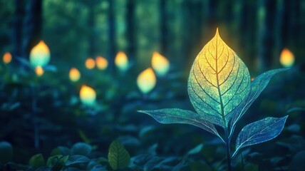 Enchanted forest with glowing gradient leaves, Magical nature mosaic, surreal scenery