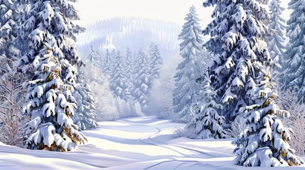 Naklejka premium A snowy forest scene with tall pine trees covered in snow.