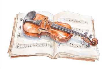 Fototapeta premium Musical inspiration watercolor violin and sheet music art studio clipart illustration creative environment artistic viewpoint