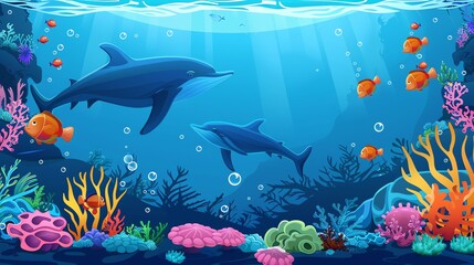 Fototapeta premium A cartoon illustration of a colorful underwater scene with dolphins and fish.