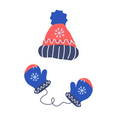Winter warm hat and mittens, set accessories bright colors, blue red, on a white background. Hat, scarf, and mittens with scandinavian pattern. Cartoon flat vector illustration hand drawn,Cold season.