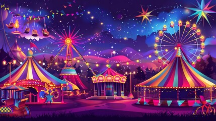 A colorful cartoon image of a carnival at night.