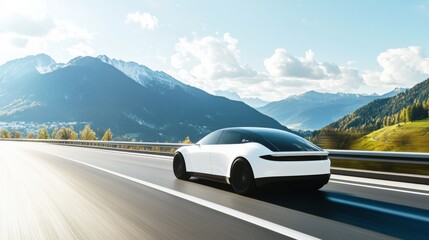 An autonomous electric car on a scenic highway, picturesque mountains in the background, Modern style