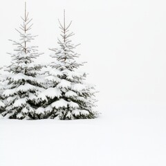 Obraz premium Two snow-covered evergreen trees stand in a field of fresh snow against a bright white background.