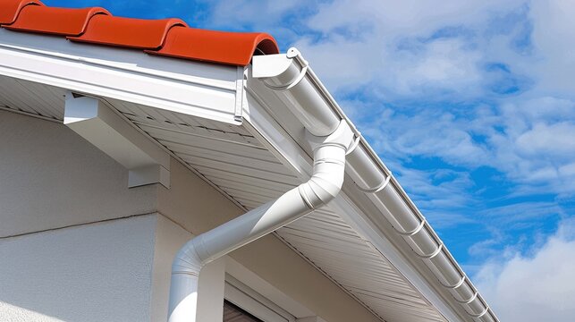 White PVC gutters and downspout on a house with a red tile roof. Ideal for websites about home improvement, roofing, or gutter installation.