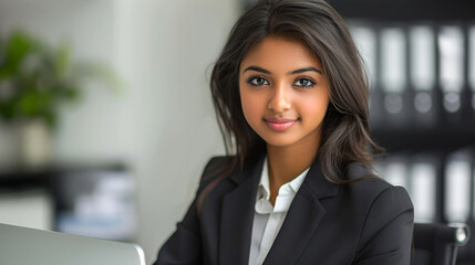 Professional portrait of a young Indian businesswoman in formal attire at a modern office, representing leadership and ambition.