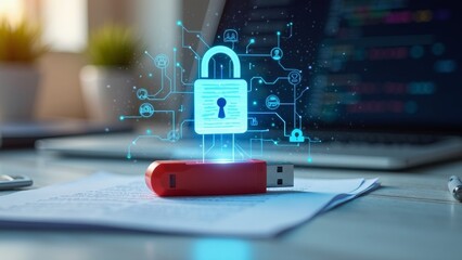 Secure flash drive with digital lock projected above it in a modern workspace