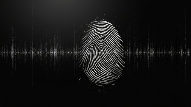 Visual representation of a fingerprint transforming into a digital watermark on dark backdrop