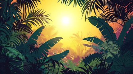 Obraz premium An illustration of tropical plants and a sunset in the distance.