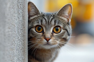 Obraz premium A mischievous cat peeking around a corner with a sly, playful look, highlighting feline curiosity.