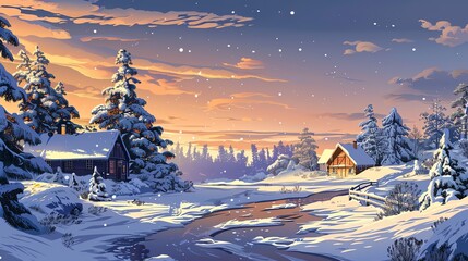 Fototapeta premium A winter wonderland scene with snow-covered houses, pine trees, and a frozen river.