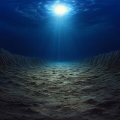 Obraz premium Underwater ocean floor landscape with sun rays penetrating the deep blue water.