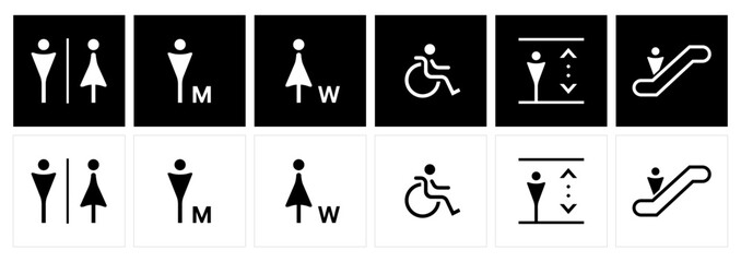 Universal Public Signage Icons for Restrooms, Accessibility, Elevators, and Excalator. Male and female toilet icon and symbols. disabled icon. restroom icons and public pictogram.