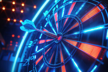 Dart hitting middle of bullseye target blue