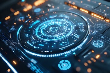 Futuristic Technology Interface:  A Close-Up View of a Glowing, High-Tech Control Panel with Circular Display and Digital Elements