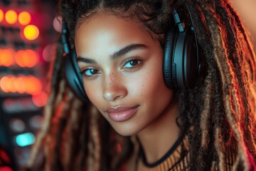 A non-binary professional wearing headphones working on a collaborative digital platform , symbolizing modern teamwork.