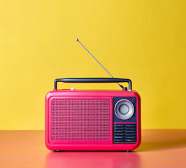  Retro red radio with antenna on colorful background.  Vintage radio on vibrant yellow surface. 