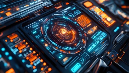 Obraz premium Futuristic Technology Interface Design: Cyberpunk HUD Display with Glowing Neon Orange and Blue Elements