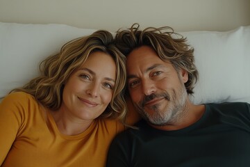 Couple relaxes together on a bed, enjoying a moment of joy and connection in a cozy indoor setting during the day