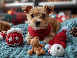 Christmas-themed toys for pets, like chew toys shaped like snowmen, reindeer, or candy canes, or interactive toys with holiday designs.