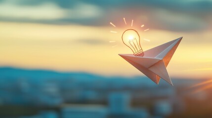 A paper plane with a light bulb drawn on its wings, gliding over a cityscape, conveying the power of ideas to transform and inspire.