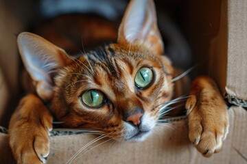 Close-up of a Bengal cat's face peeking from a cardboard box. Perfect for pet, animal, or feline themed projects.