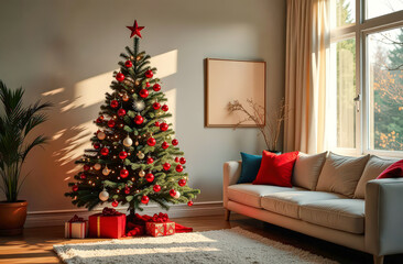 Festive living room with decorated christmas tree and gifts by sunny window