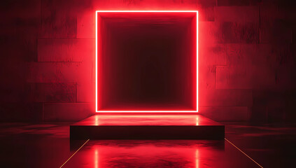 3D render, abstract neon red background with a glowing square frame on the wall and an empty podium for product presentation