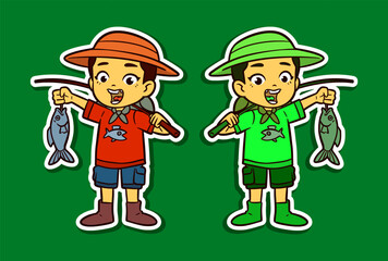 Boy Fishing Doodle Sticker Illustration