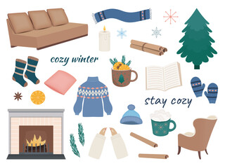 Set cozy winter. Elements isolated on transparent and white background for winter and autumn. Clothes for cold season. Vector illustration. Fireplace and furniture. Tea and coffee with spices.