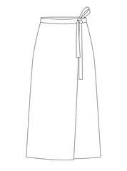 Technical illustration of a women's tie-waist skirt with an asymmetric cut, suitable for both casual and office settings.