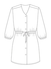 Technical illustration of a women's button-down dress with gathered waist and long sleeves, featuring a tie belt for adjustable fit.