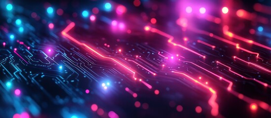 Naklejka premium Abstract glowing circuit board with pink and blue lights.